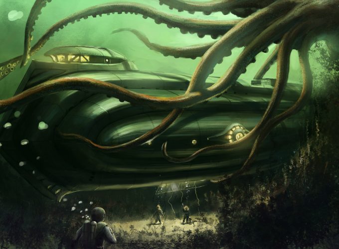 Wallpaper Octopus, Nautilus, Jules Verne, bottom, ocean, boat. Underwater, ocean, sea, water, art, green, Animals 5559111546
